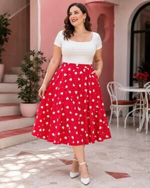 Tulip B Red White Heart Print Midi Swing Skirt Pockets Size L NWT